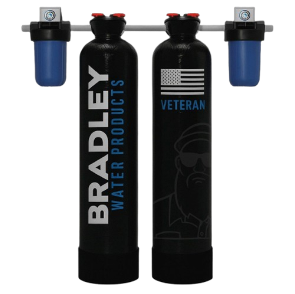 Black water filter system with two tanks, a veteran graphic, and blue filter housings.