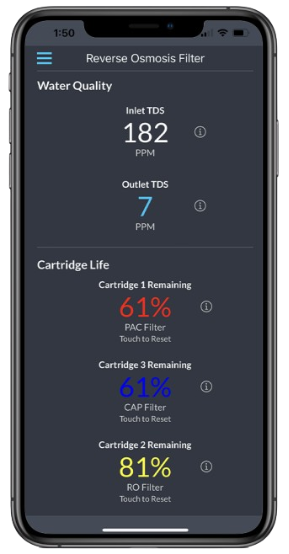 Smartphone app showing water quality and filter cartridge life, including TDS levels and remaining percentages.