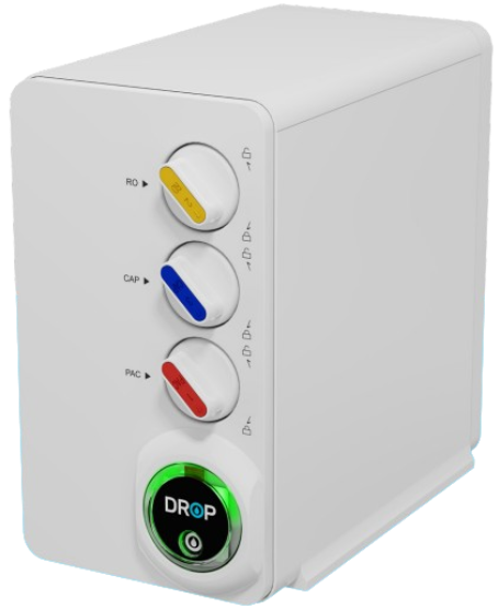 White water filter with yellow, blue, and red dials. 