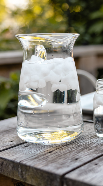 Glass pitcher filled with water and ice on a wooden table outdoors.