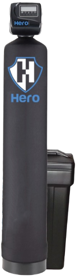 Water softener system with Hero logo and digital display.