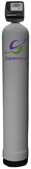 A cylindrical water softener with a digital display and a 