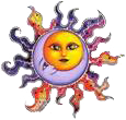 a colorful sun and moon with a face on it 