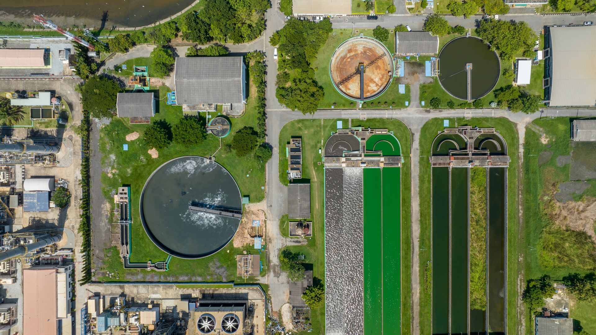 An aerial view of a wastewater treatment plant