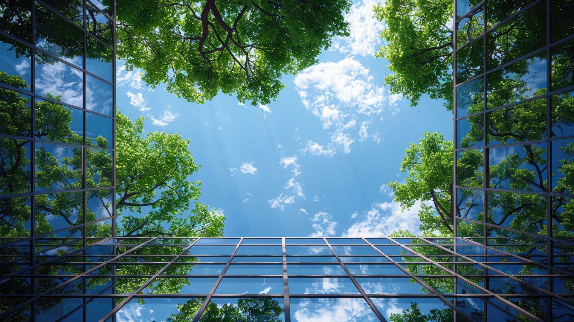 Looking up at the sky through a building with trees in front of it.