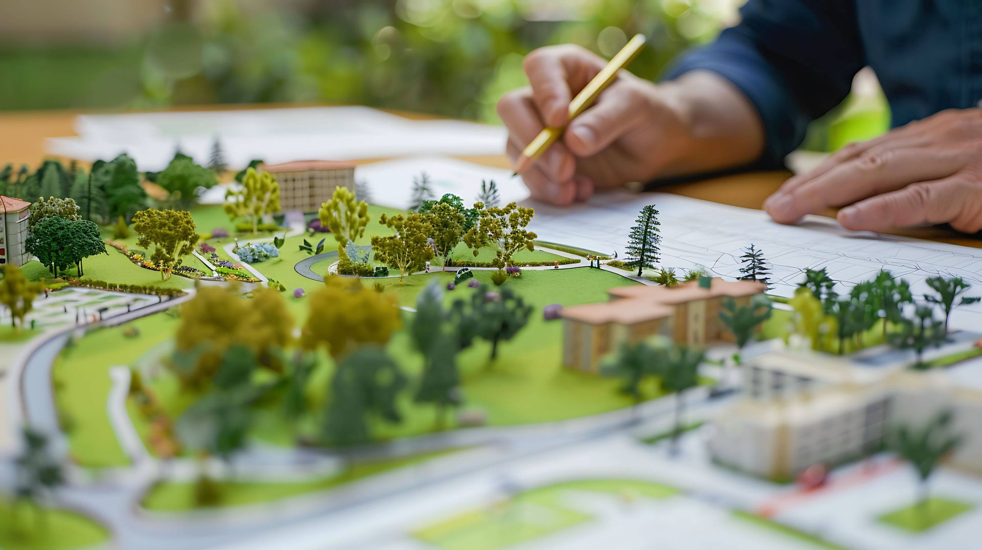 A person is drawing a model of a park with a pencil.