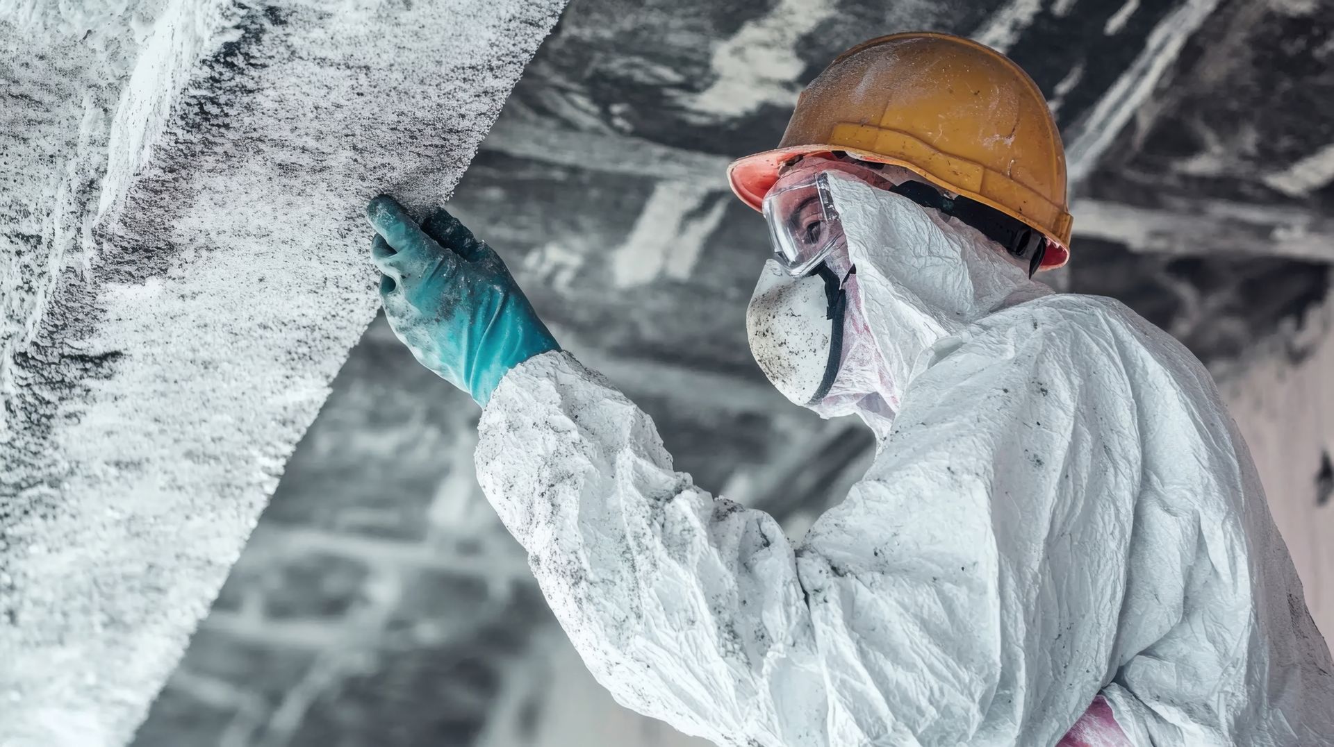 A man in a protective suit and hard hat is spraying a ceiling.
