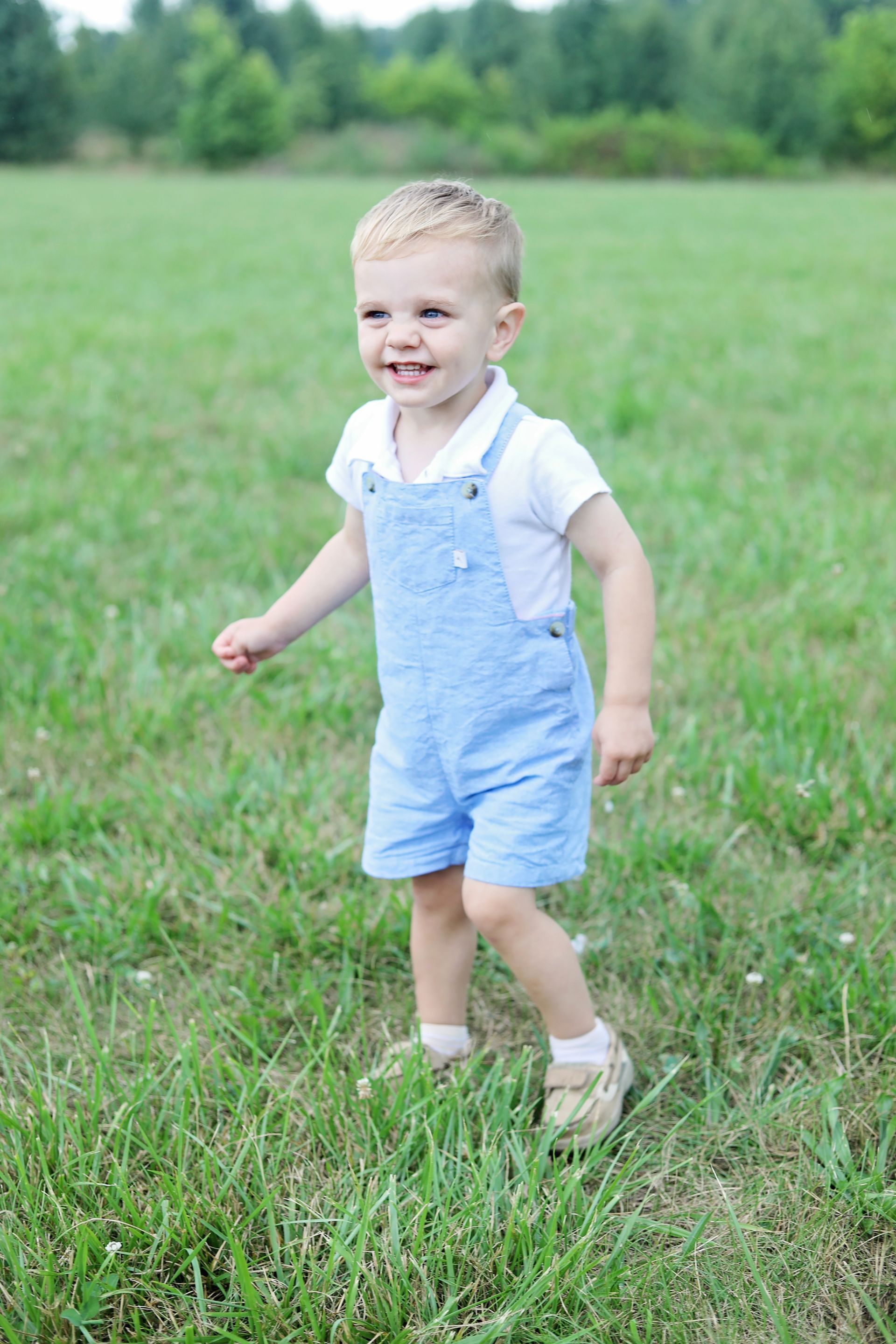 A little boy wearing blue overalls is standing in a grassy field.