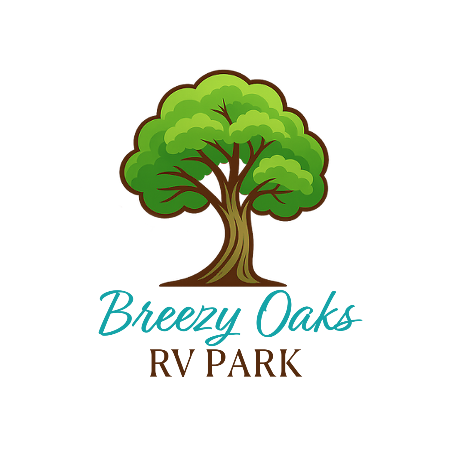 Logo for Breezy Oaks RV Park: green tree, brown trunk, teal script text, and brown RV PARK text.