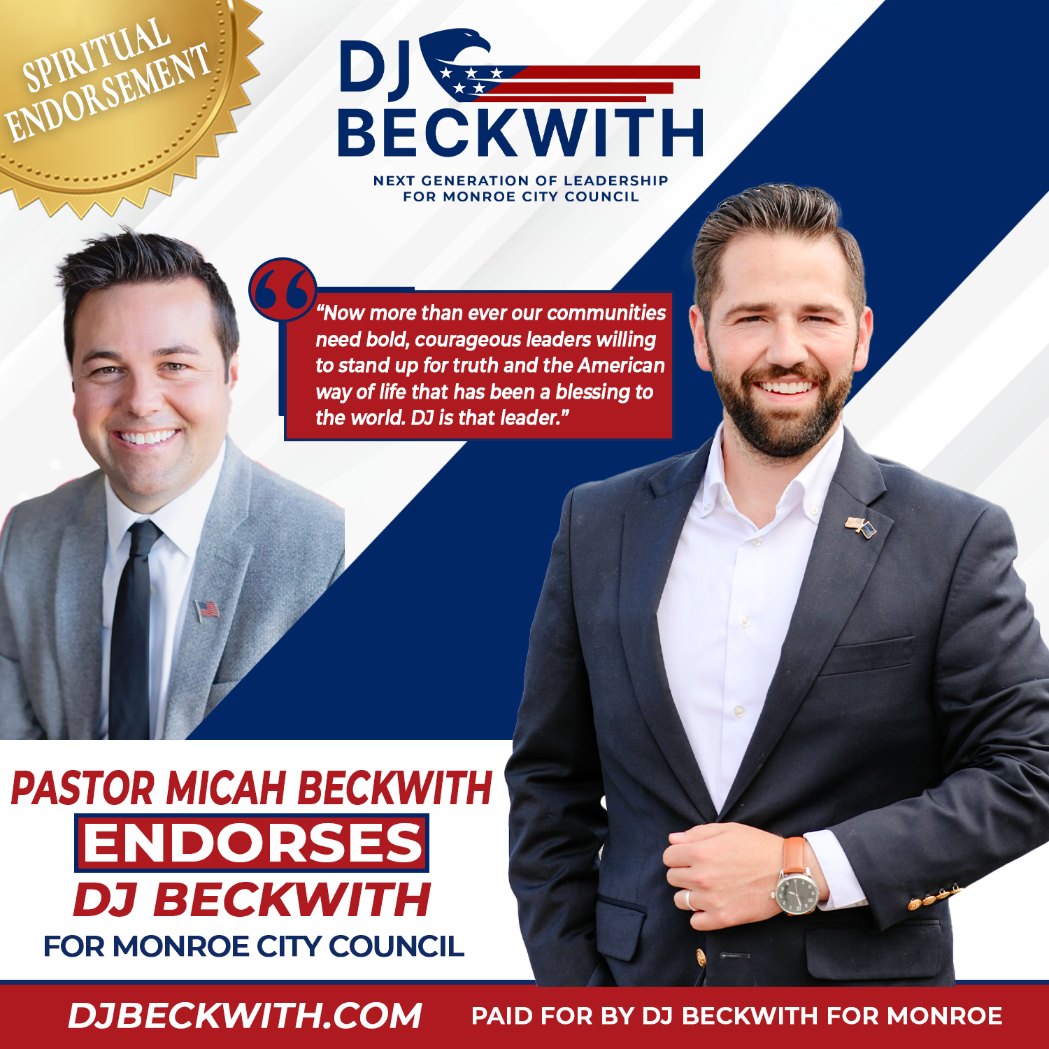 A poster for pastor micah beckwith endorses dj beckwith for monroe city council