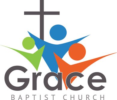 Grace Baptist Church logo: cross above colorful figures with arms raised, text "Grace Baptist Church".