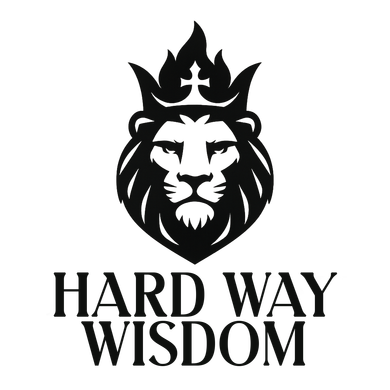 Lion's head wearing a crown; the text "HARD WAY WISDOM" is beneath it.