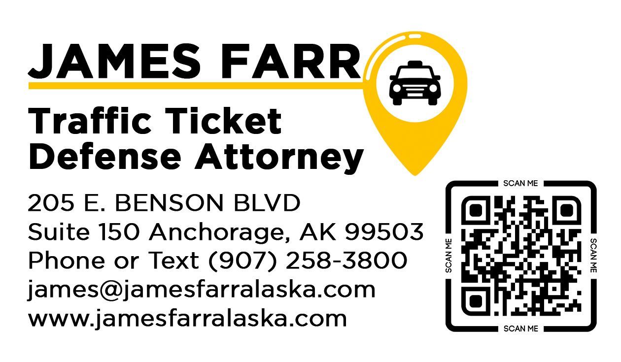 A business card for james farr traffic ticket defense attorney