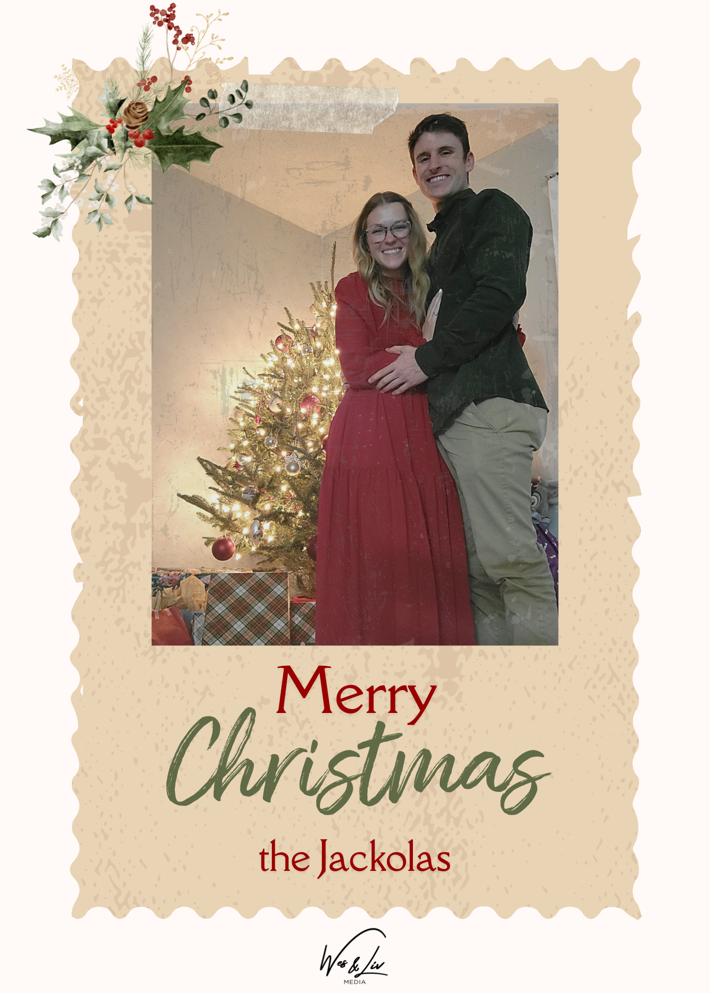 A merry christmas card with a picture of a man and woman standing in front of a christmas tree.