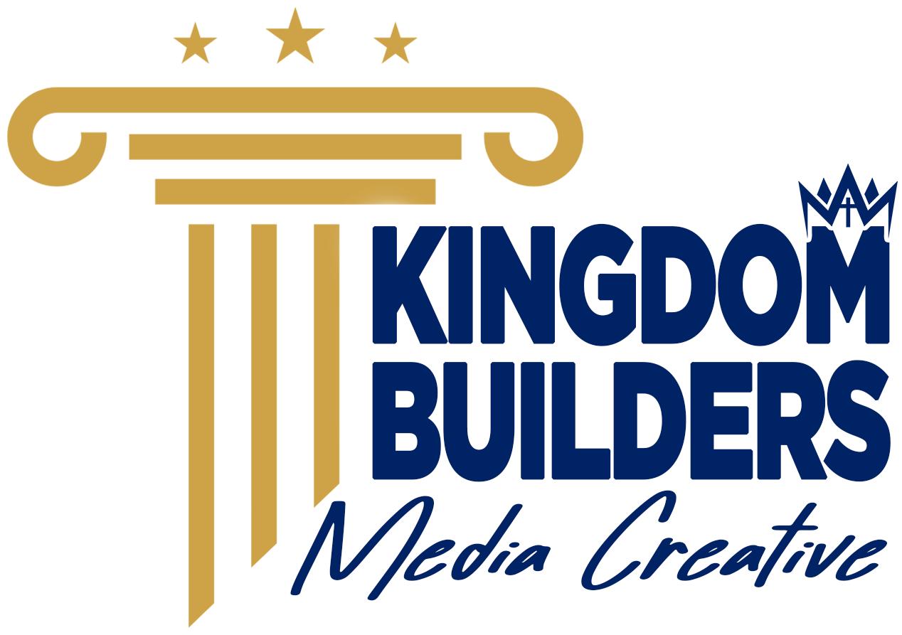 The logo for kingdom builders media creative has a pillar and a crown on it.