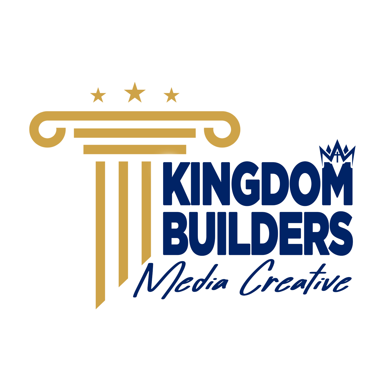 The logo for kingdom builders media creative has a pillar and a crown on it.