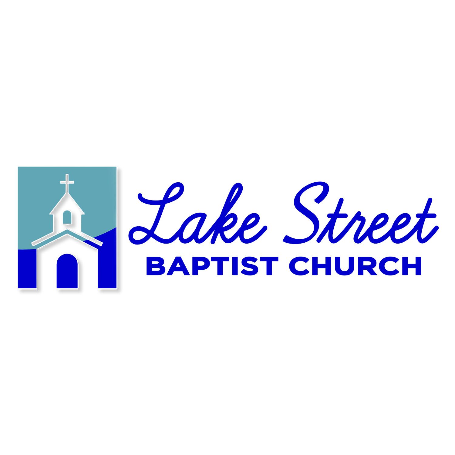 The logo for lake street baptist church shows a church with a cross on top of it.