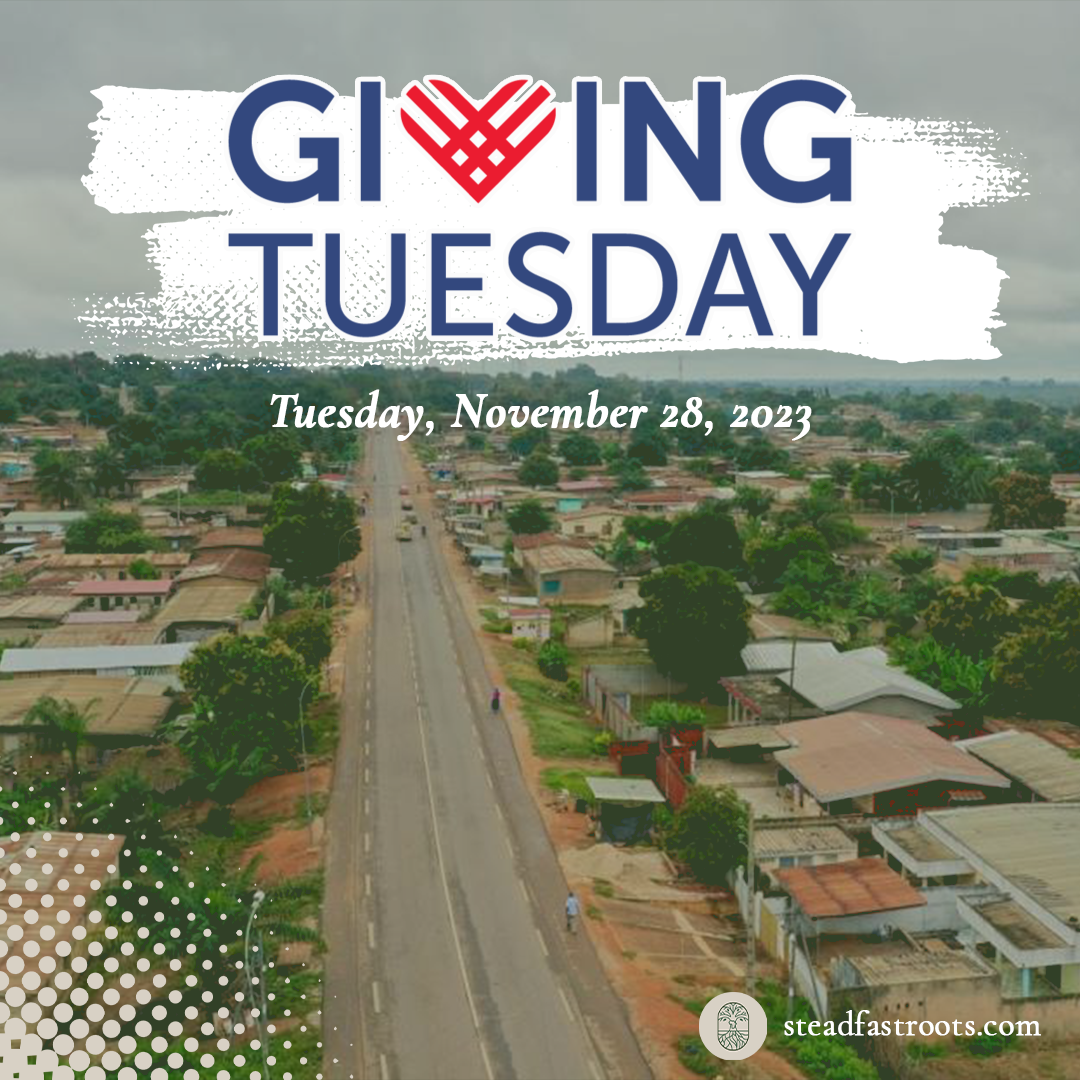 An advertisement for giving tuesday shows an aerial view of a small town