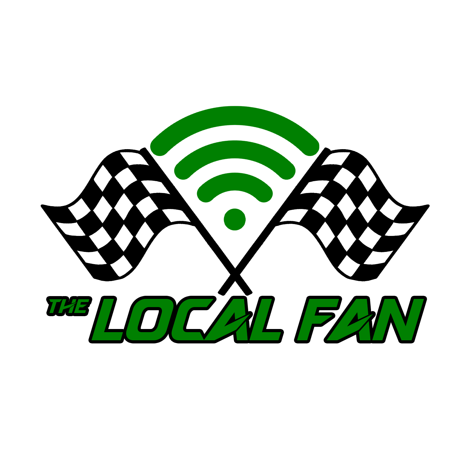 A logo for the local fan with two checkered flags and a green antenna.