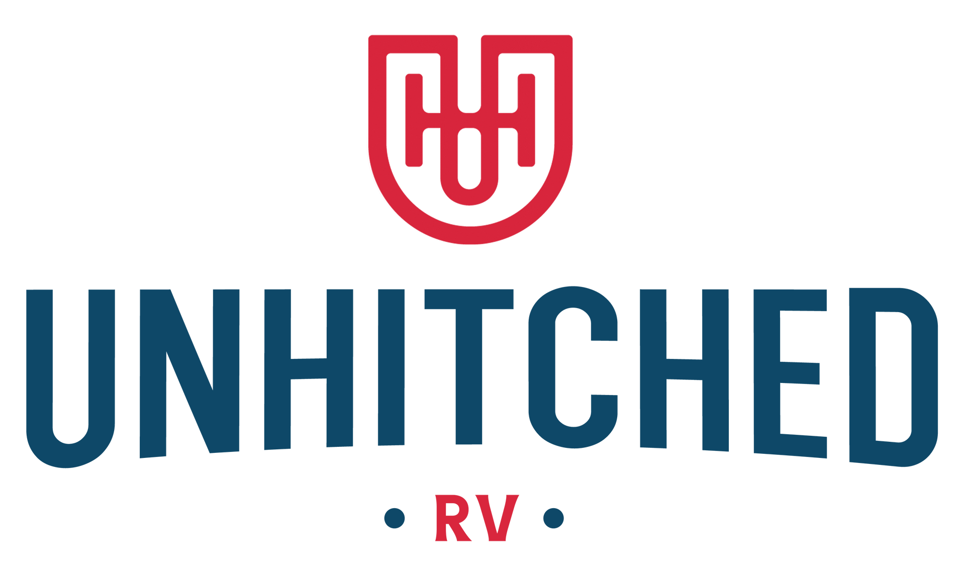 Logo for "Unhitched RV" with a red emblem above blue text.