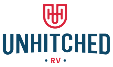 Logo for "Unhitched RV" with a red emblem above blue text.