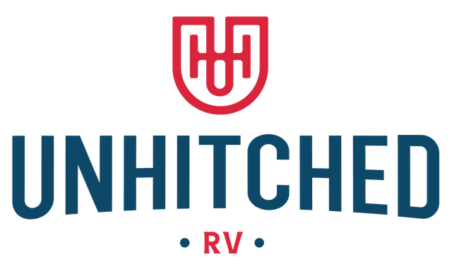 Logo for "Unhitched RV" with a red emblem above blue text.