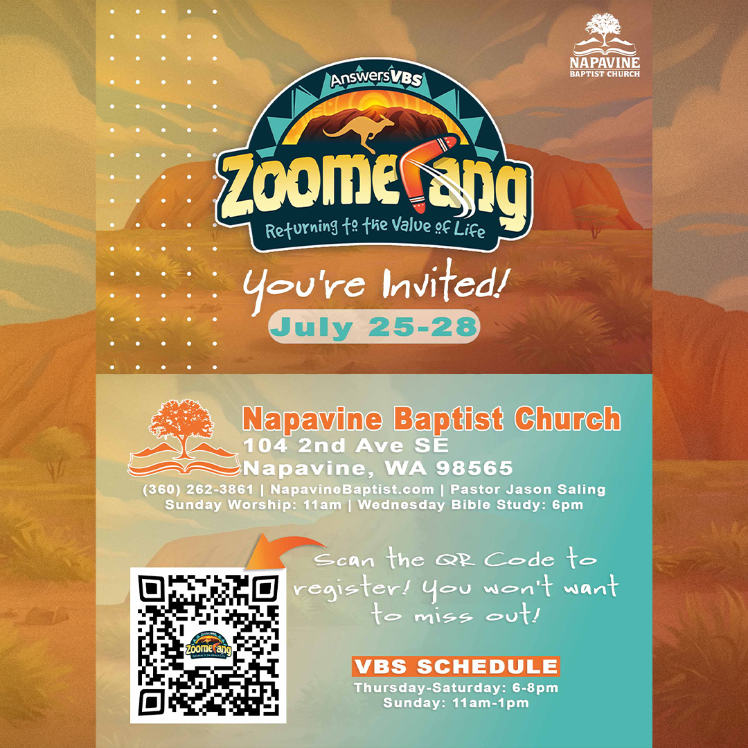 A poster for a zoomerang event at napavine baptist church