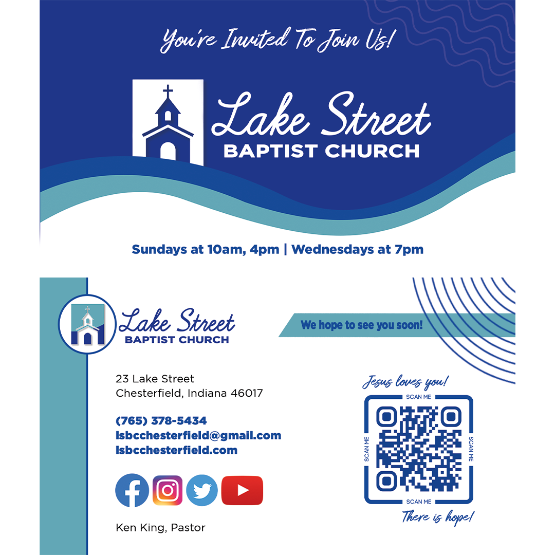 A blue business card for lake street baptist church