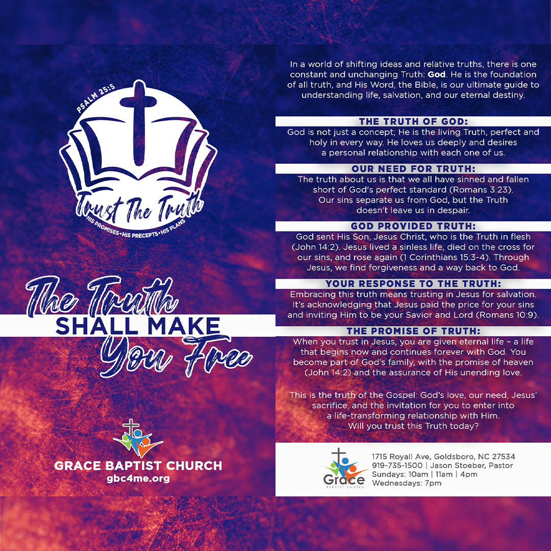 A brochure for grace baptist church that says `` the truth shall make you free ''