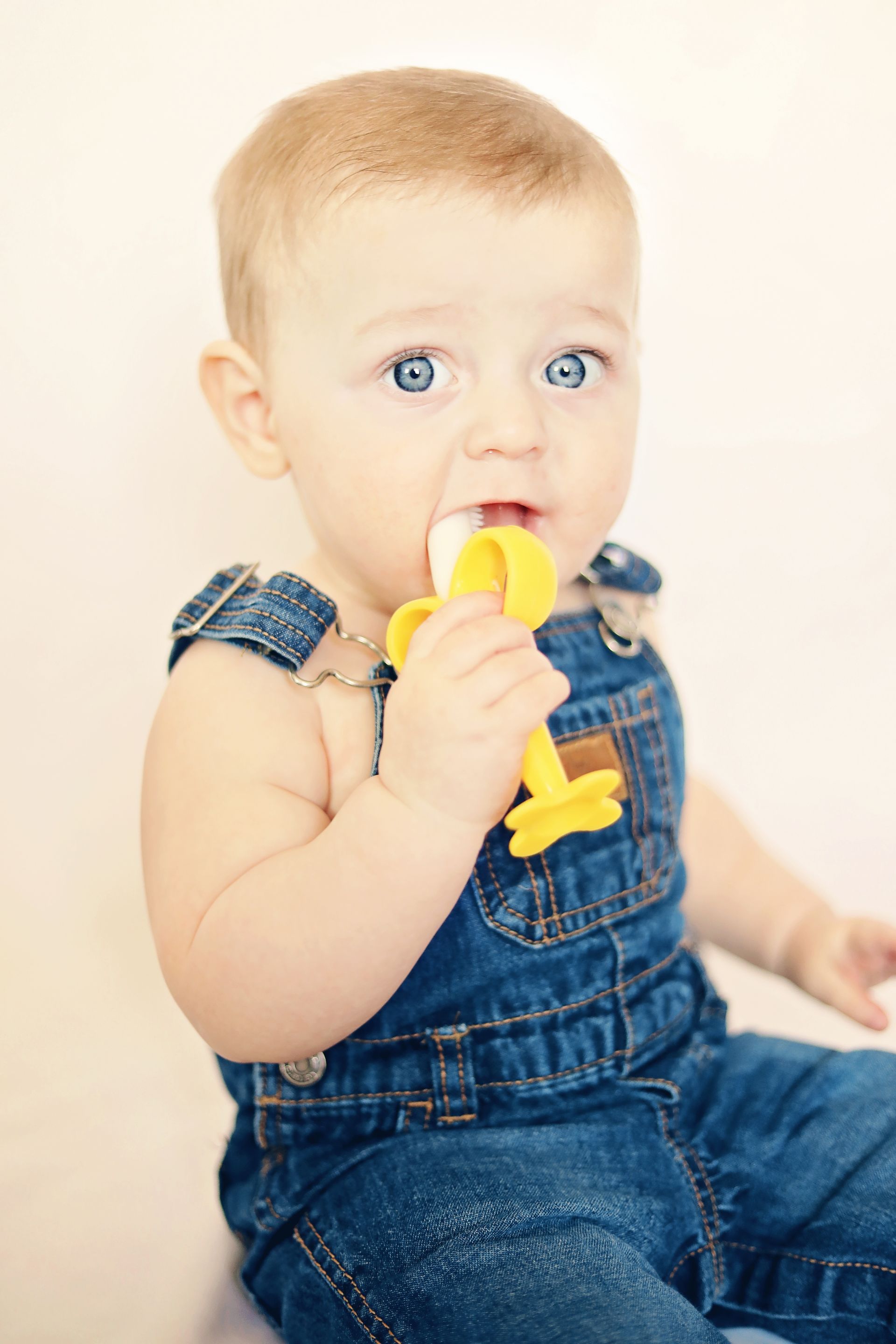 A baby in overalls is chewing on a banana.