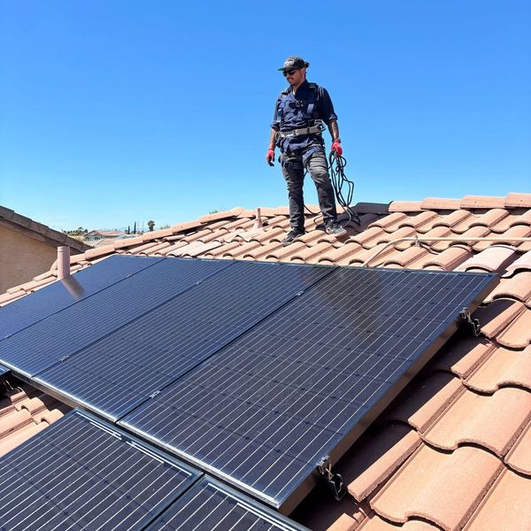 Man in safety harness on a tiled roof installing solar panels on a sunny day.