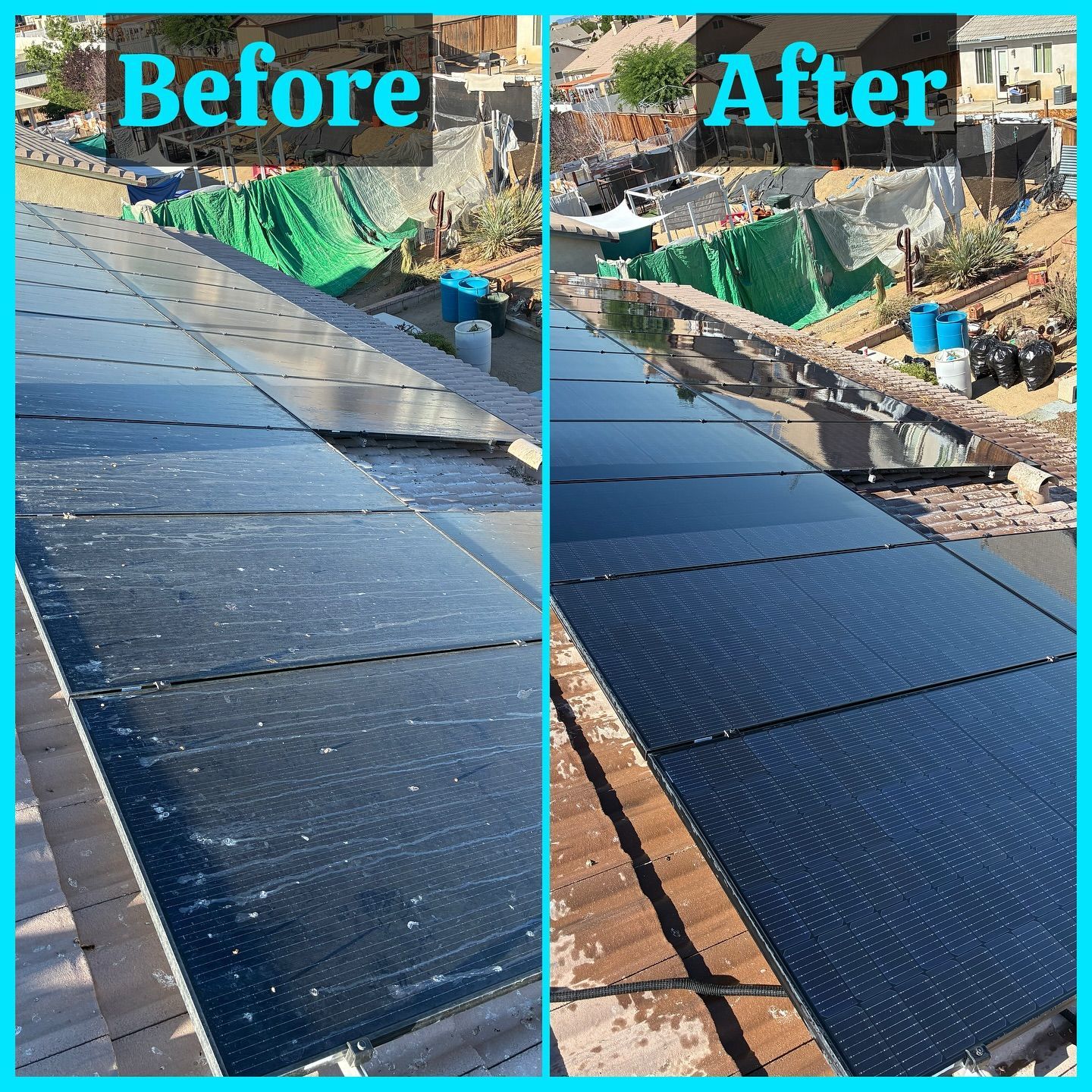 Before and after solar panel cleaning comparison on a rooftop. The