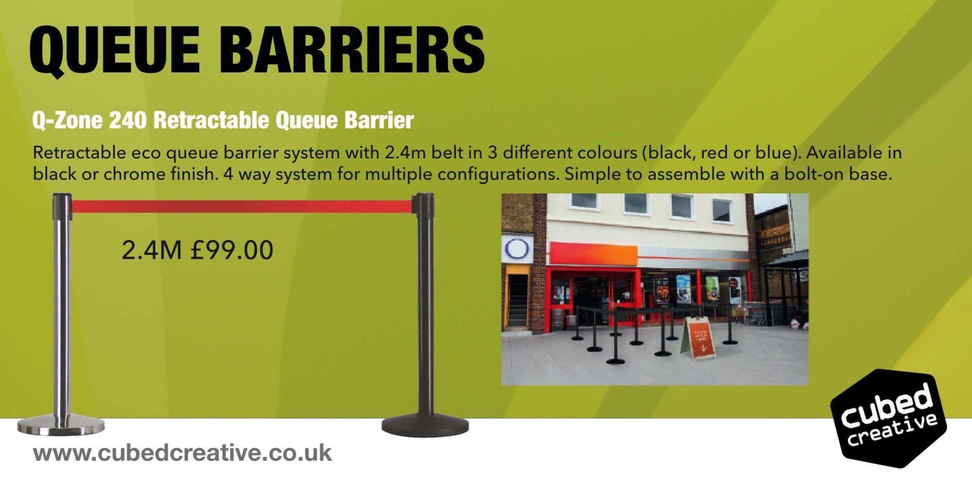 Q-Zone 240 Retractable Queue Barrier.  Retractable eco queue barrier system with 2.4m belt in 3 different colours (black, red or blue). Available in  black or chrome finish. 4 way system for multiple configurations. Simple to assemble with a bolt-on base.