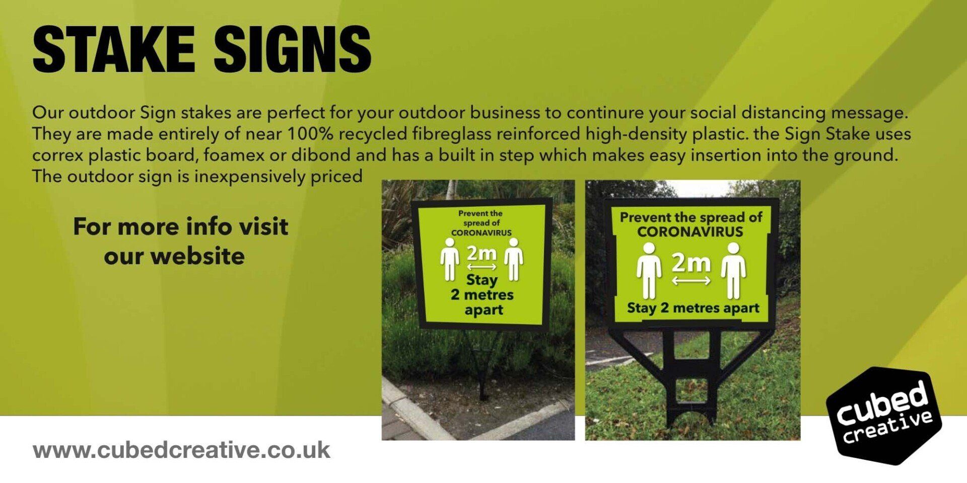 ur outdoor Sign stakes are perfect for your outdoor business to continure your social distancing message.  They are made entirely of near 100% recycled fibreglass reinforced high-density plastic. the Sign Stake uses  correx plastic board, foamex or dibond and has a built in step which makes easy insertion into the ground.  The outdoor sign is inexpensively priced