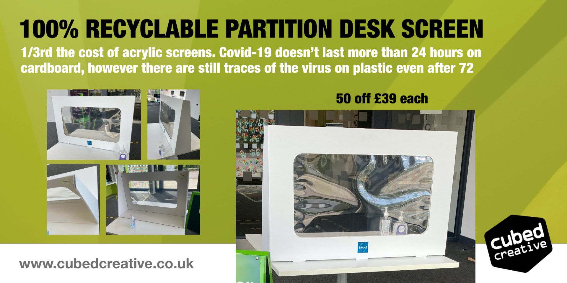 1/3rd the cost of acrylic screens. Covid-19 doesn’t last more than 24 hours on cardboard, however there are still traces of the virus on plastic even after 72 hours.