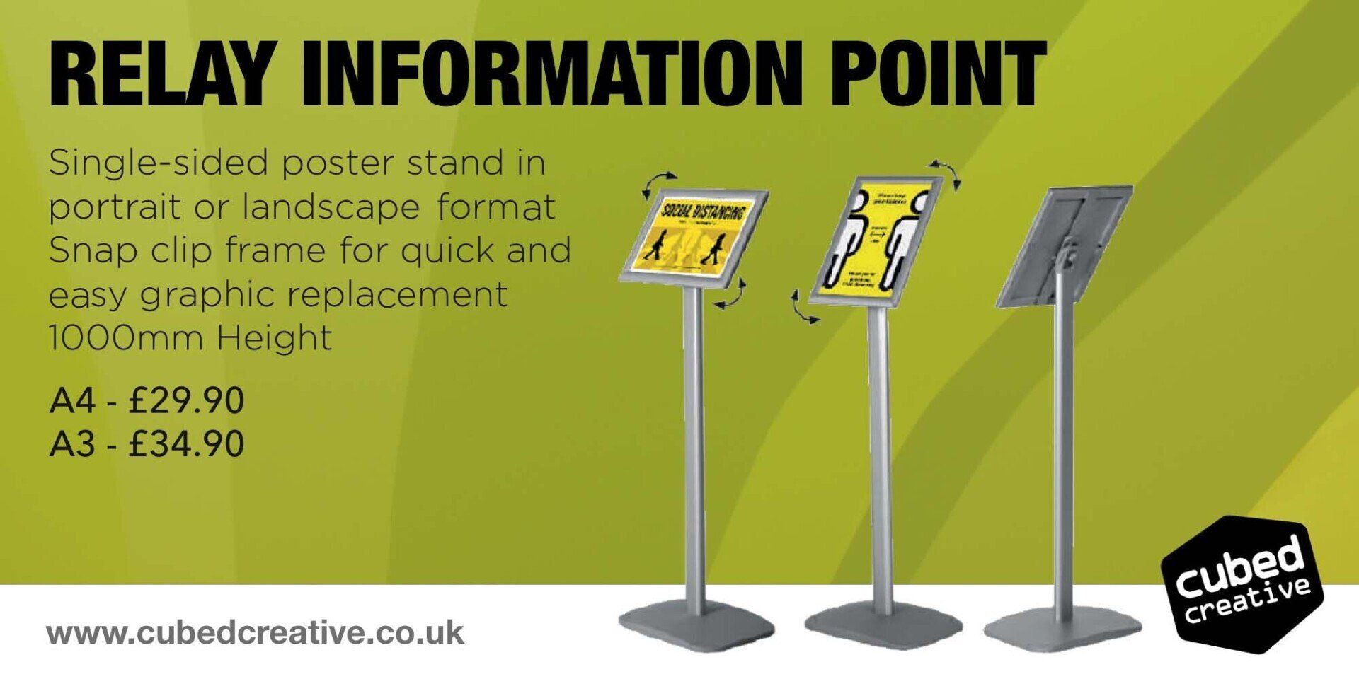 Single sided poster stand in portrait or landscape format snap clip frame for quick and easy graphic replacement 1000mm high