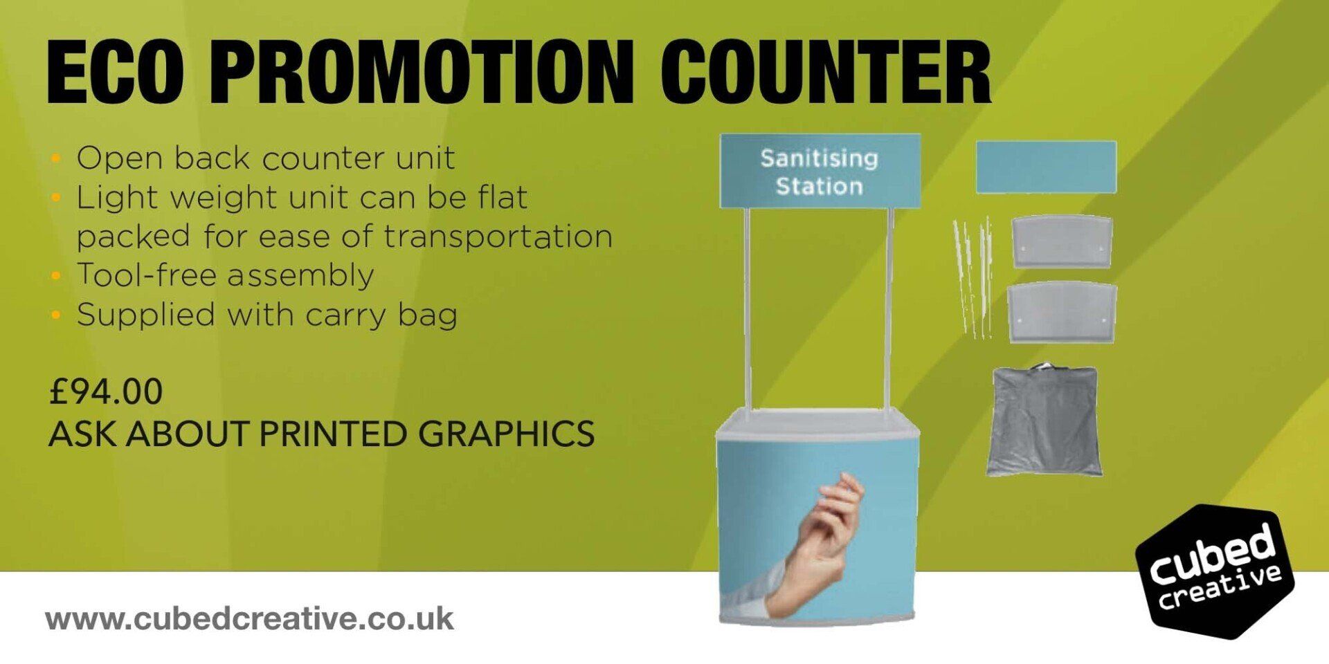 counter open back unit lightweight can be flat packed for ease of transportation. supplied with carry bag