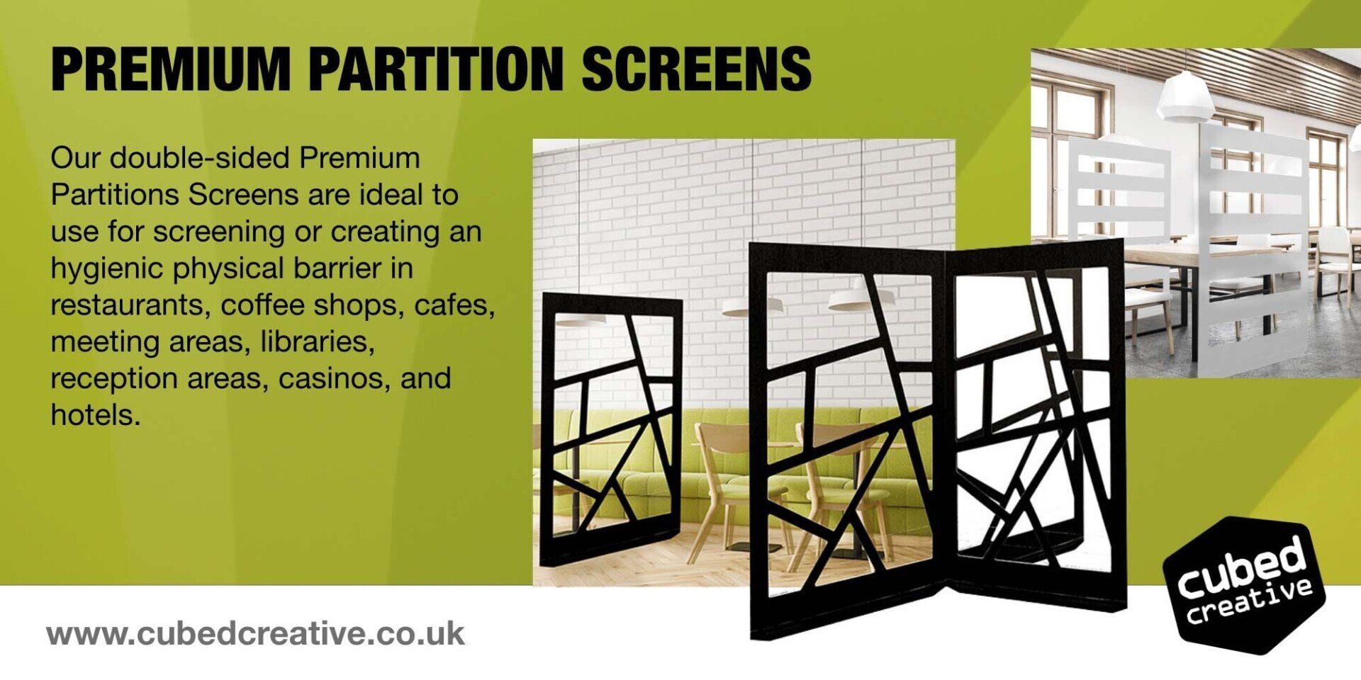 Our double-sided Premium Partitions Screens are ideal to use for screening or creating an hygienic physical barrier in restaurants, coffee shops, cafes, meeting areas, libraries, reception areas, casinos, and hotels.