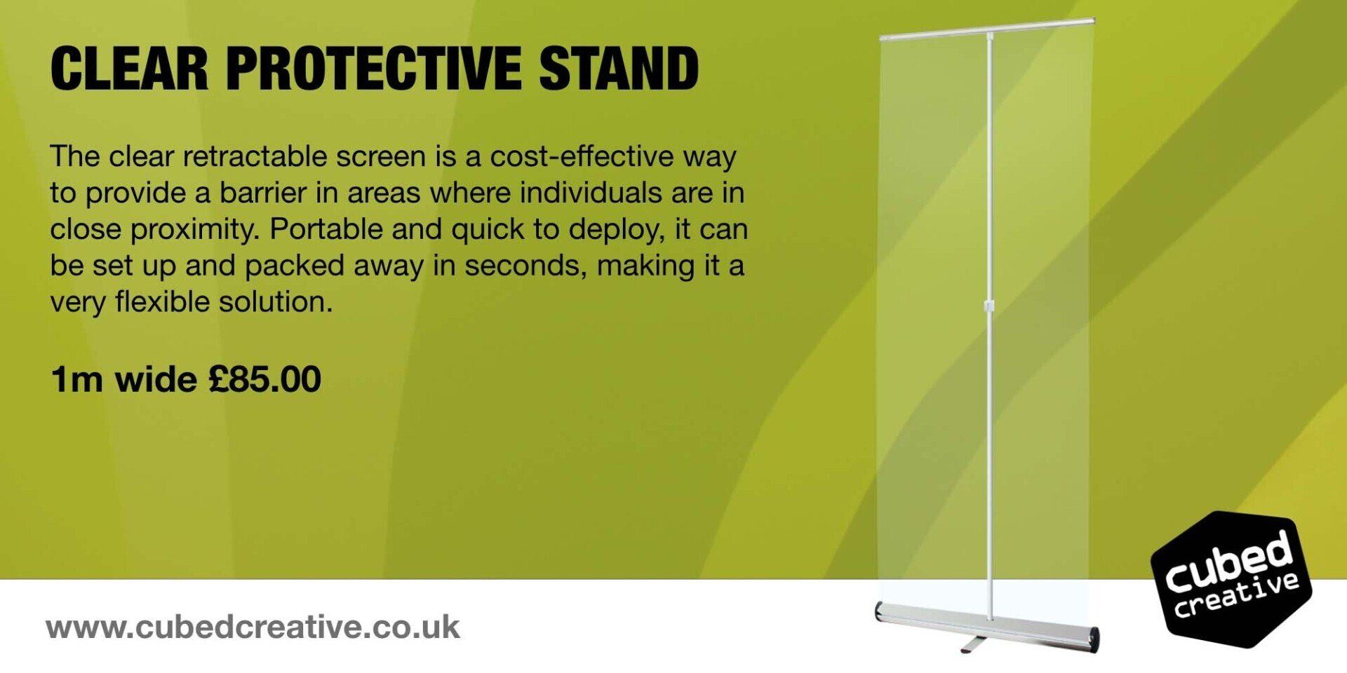 The clear retractable screen is a cost-effective way to provide a barrier in areas where individuals are in close proximity. Portable and quick to deploy, it can be set up and packed away in seconds, making it a very flexible solution.  1m wide £85.00