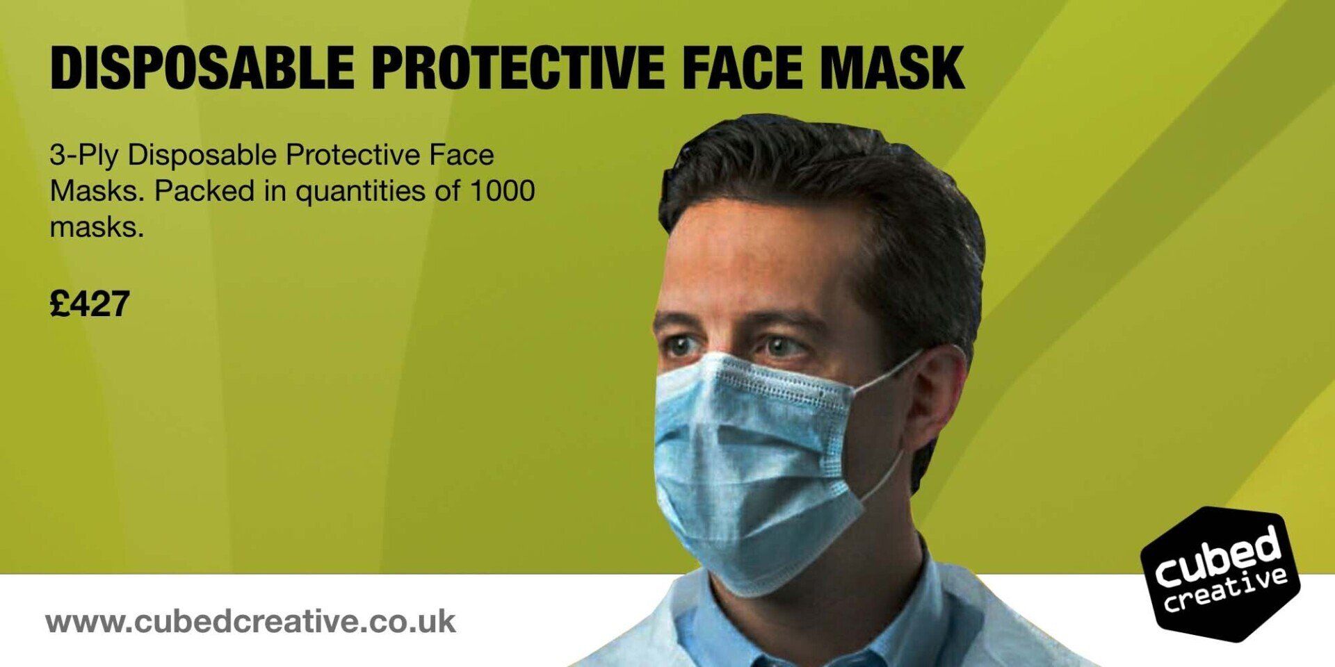 3-Ply Disposable Protective Face Masks. Packed in quantities of 1000 masks.   £427