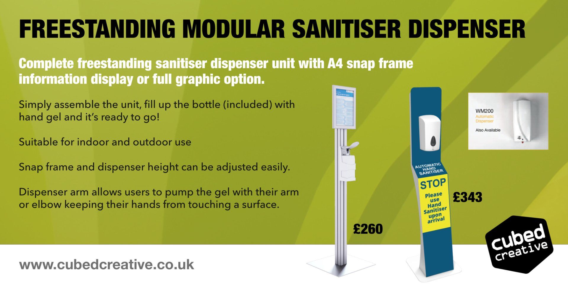 Complete freestanding sanitiser dispenser unit with A4 snap frame  information display or full graphic option. Simply assemble the unit, fill up the bottle (included) with  hand gel and it’s ready to go!  Suitable for indoor and outdoor use  Snap frame and dispenser height can be adjusted easily.  Dispenser arm allows users to pump the gel with their arm  or elbow keeping their hands from touching a surface.