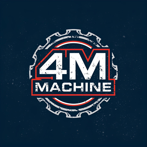 Logo for 4M Machine: White text and numbers inside a red and white lined gear shape on a dark blue background.