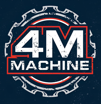 Logo for 4M Machine, featuring a white gear outline, red and white lettering on a navy blue background.
