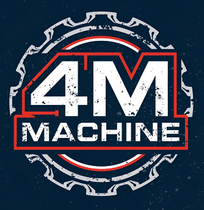 Logo for 4M Machine, featuring a white gear outline, red and white lettering on a navy blue background.