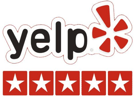 Yelp logo with five red stars, indicating a five-star rating.