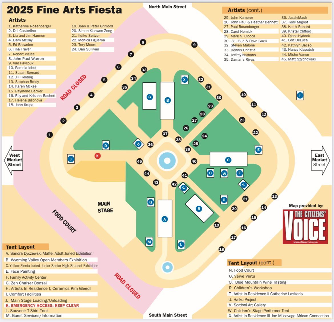 Map of the 2025 Fine Arts Fiesta, a festival layout showing art, food, and main stage locations.
