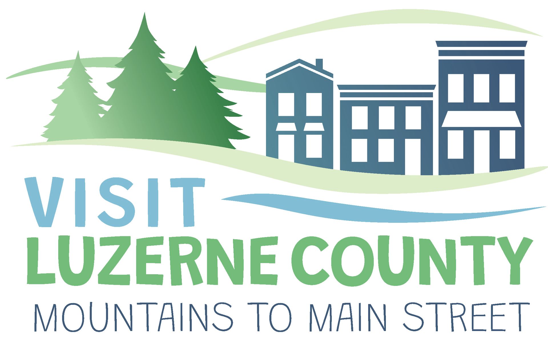 Visit Luzerne County logo with trees, buildings, and water in shades of blue and green.