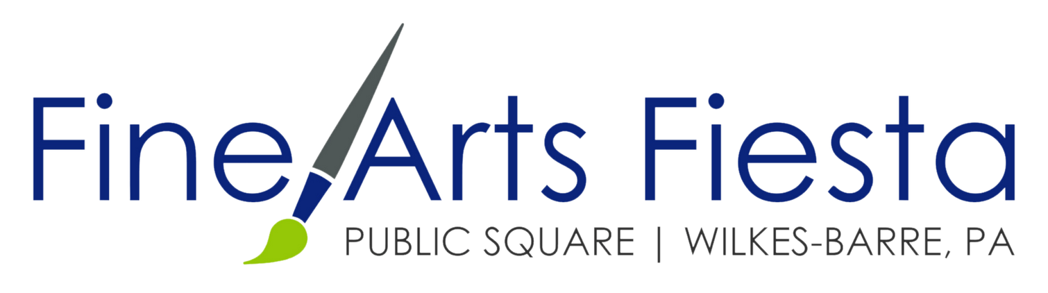 Fine Arts Fiesta logo: navy blue text, paint brush graphic, and location: Public Square | Wilkes-Barre, PA.