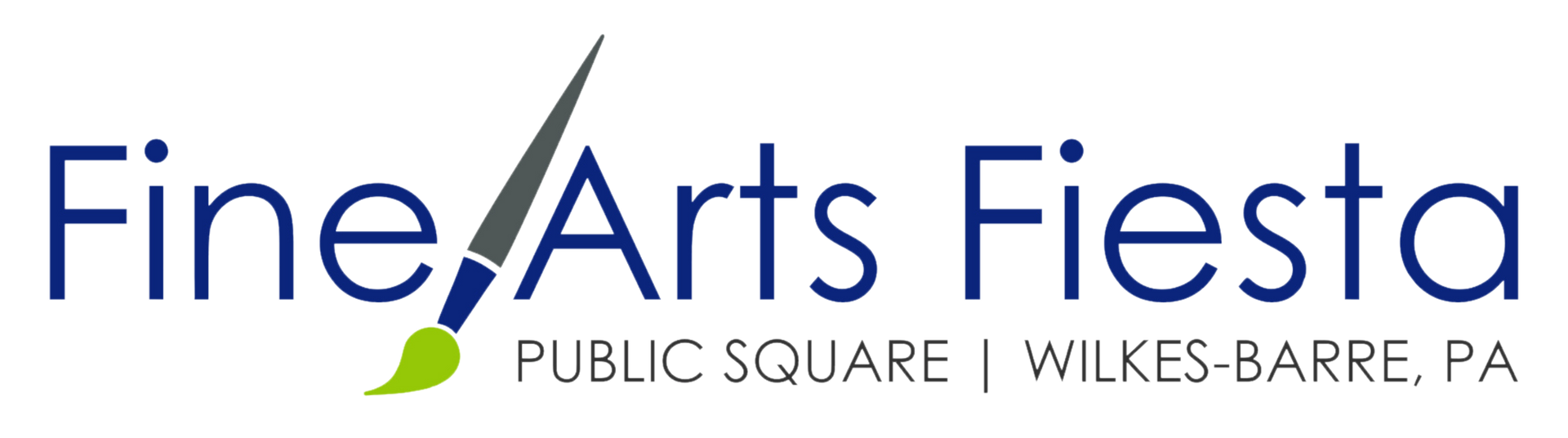 Fine Arts Fiesta logo: navy blue text, paint brush graphic, and location: Public Square | Wilkes-Barre, PA.