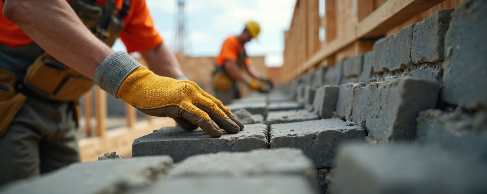 Construction workers laying bricks on a wall, with a gloved hand aligning mortar blocks.